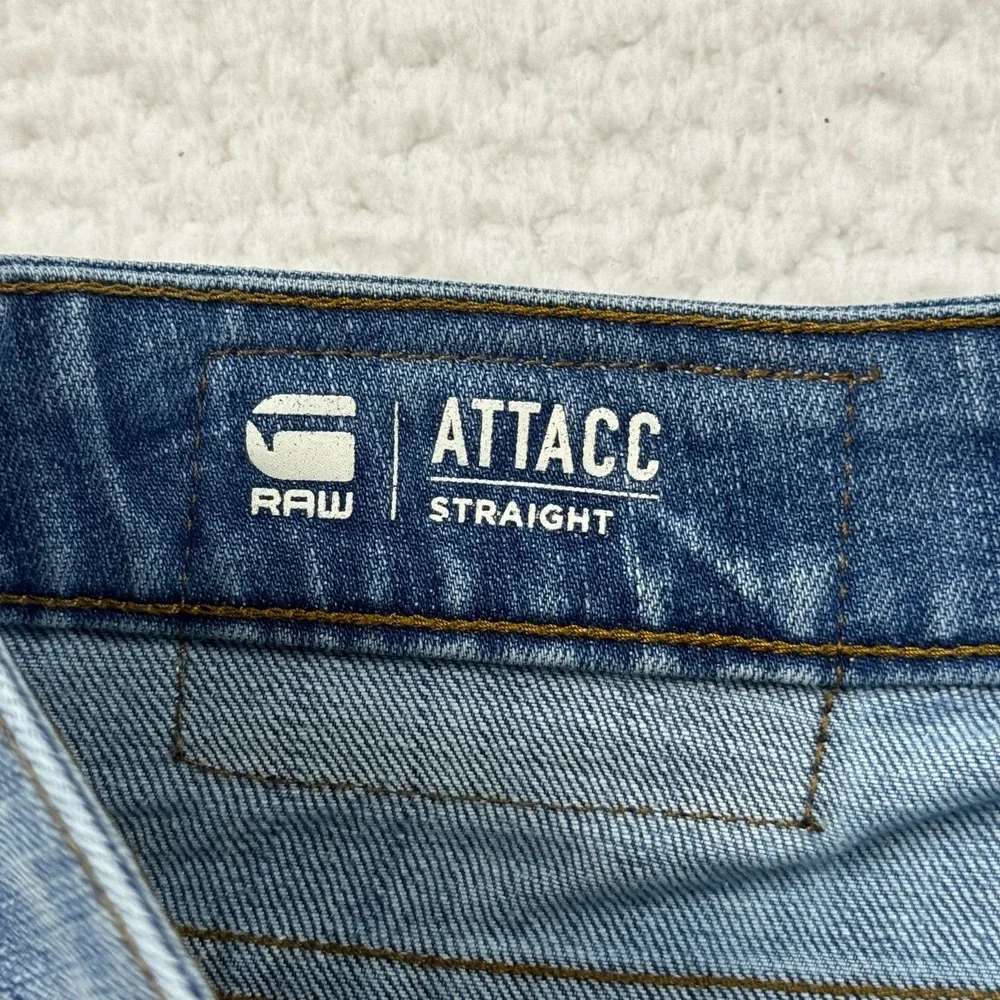 G Star Raw Attacc Slim Straight Jeans Mens 38x32 Blue Whiskering Denim Mid Rise